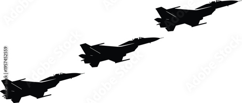 Fighter jet silhouette formation vector illustration, modern military aircraft flying diagonally, air force aviation concept, combat jets isolated design, defense squadron artwork