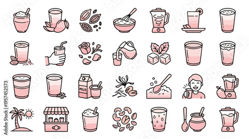 Lassi Drink Icon Set in Line Style. A collection of yogurt beverage linear icons, including mango, rose, blender, milk, cardamom, saffron, nuts, street stall, glass
