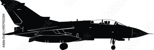 Fighter jet silhouette side view vector illustration, modern military aircraft landing gear down, air force combat plane design, aviation defense concept artwork