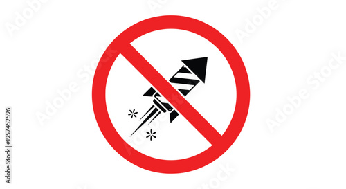 Prohibition sign depicting a firework rocket with a red circle and slash