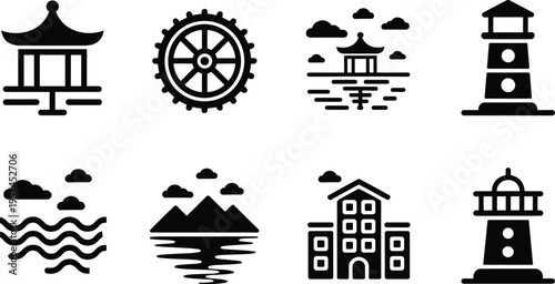 Minimal black and white landmark icons set, pagoda temple wheel lighthouse mountains sea city architecture flat design collection vector style
