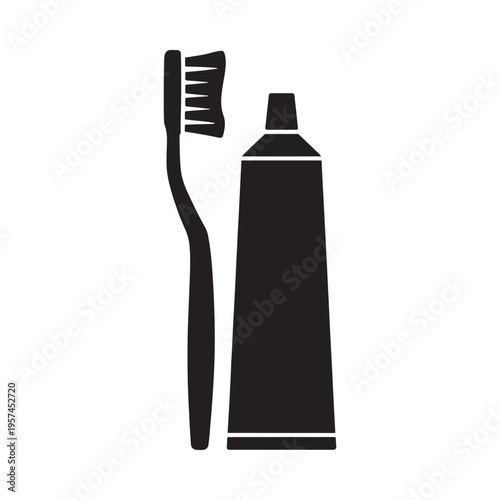 Simple black silhouette depicting a toothbrush and tube of toothpaste