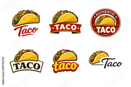 Variety of taco logos featuring colorful tacos with text and emblems