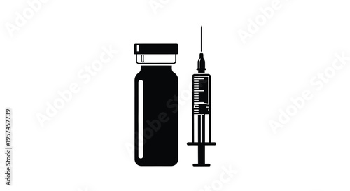 Black and white illustration of a vaccine vial and syringe