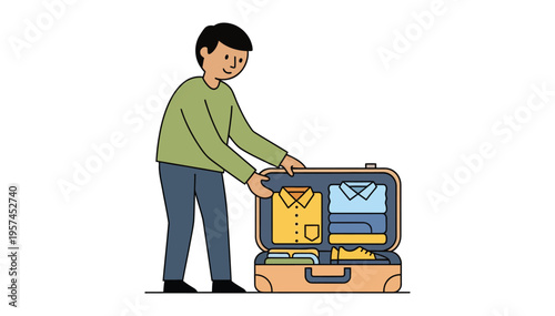 Man packing clothes into an open suitcase for travel preparation