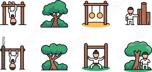 Ninja training icon set, martial arts obstacle course strength exercise agility outdoor practice cartoon flat vector illustration collection design