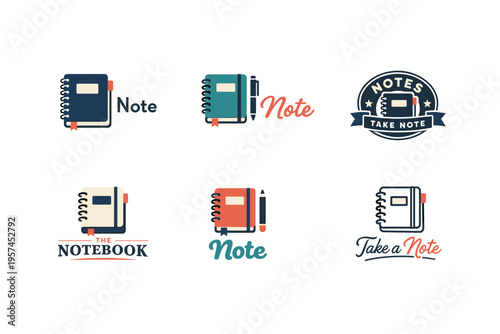 Collection of notebook logos featuring spirals and pens in varied designs