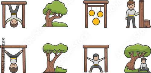 Ninja training icon set, martial arts practice obstacle course balance tree strength exercise flat cartoon vector illustration collection design