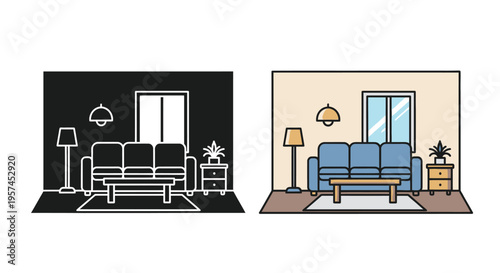 A colorful living room scene contrasted with a black and white outline