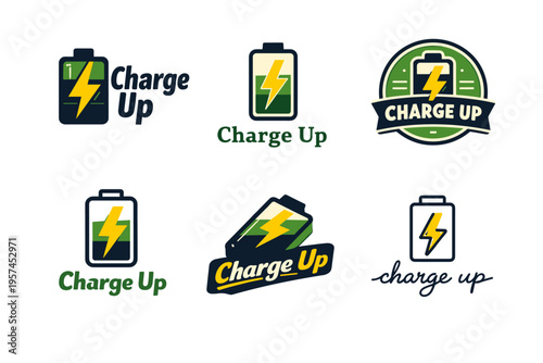 Set of charge up logos with battery and lightning bolt designs
