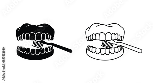Dental hygiene illustration teeth with a toothbrush in black and white