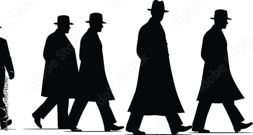 Black silhouette of four men walking in long coats and fedora hats side view isolated on white background vintage detective mysterious spy group collection