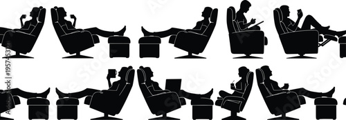 Black Silhouette Set of People Relaxing in Modern Recliner Chairs with Ottomans Drinking Coffee Using Laptops and Reading Books Isolated on White Background