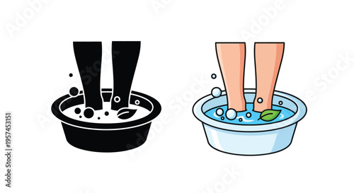 Feet soaking in a tub Color versus monochrome illustration
