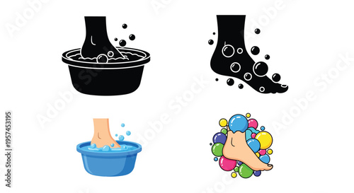 Foot soak illustrations depicting relaxation and hygiene in various styles