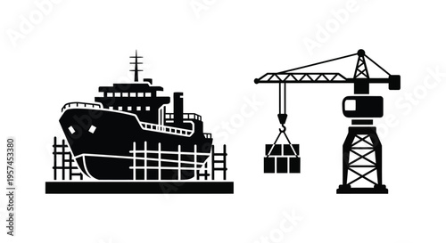 Cargo ship and port crane illustration in black and white