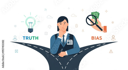 Fake News vs Truth Decision Concept, Journalist Thinking at Crossroads, Media Bias and Information Verification Vector