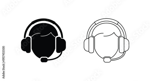 Two depictions of a person wearing a headset with a microphone