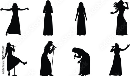 Set of female singer silhouettes performing on stage with microphone, women in long dresses singing, music performance and concert concept.