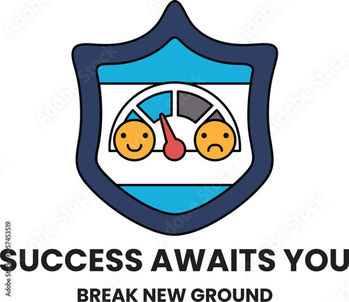 Shield frames two smiling and frowning faces behind a speedometer