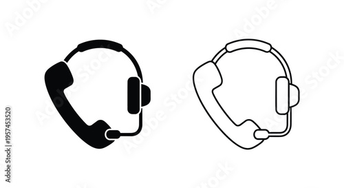 Black and white line art of two telephone headsets side by side