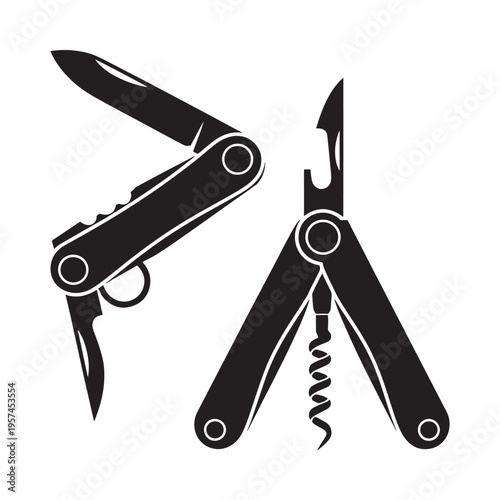 Black and white illustration of a swiss army knife and corkscrew