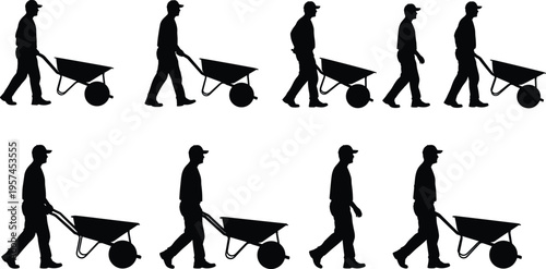 Black silhouette set of male construction worker pushing industrial wheelbarrow in different walking poses isolated on white background for building site design projects