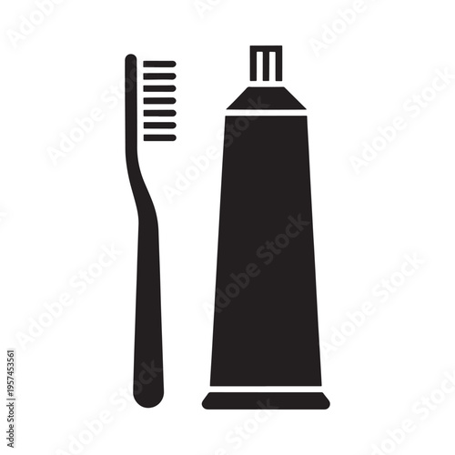 Simple black silhouette illustration of a toothbrush and toothpaste tube