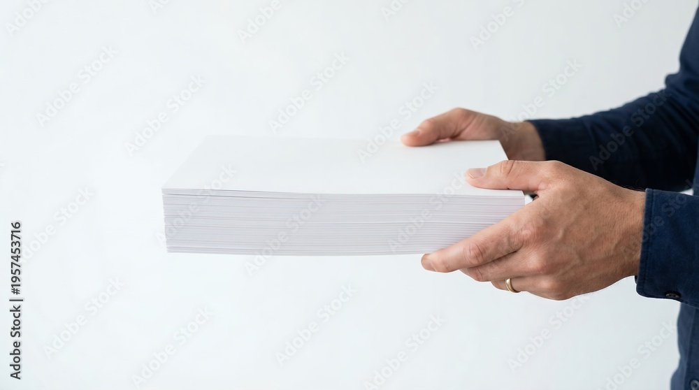 Obraz premium Hands Holding A Stack Of White Paper Sheets For Office Printing And Business Documents