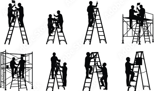Set of construction worker silhouettes working on ladders and scaffolding, builders in hard hats, industrial maintenance icons on white background