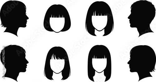 Collection of black silhouette profile and front view portraits featuring various hairstyles for men and women isolated on white background
