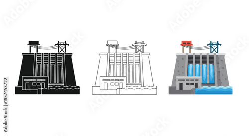 Hydroelectric dam illustrations in varying styles outline line art and color