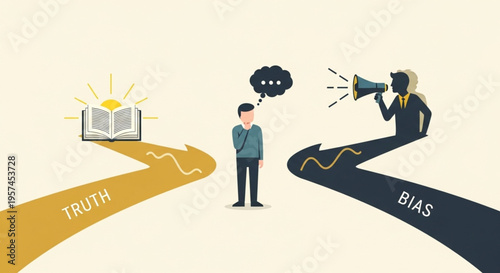 Truth vs Bias Concept Illustration, Businessman Choosing Between Fake News and Facts, Media Ethics Decision Making Vector