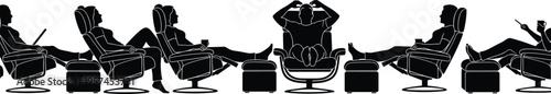 Black silhouette vector illustration set of people relaxing in ergonomic swivel recliner chairs with matching ottomans in various comfortable sitting and lounging positions.