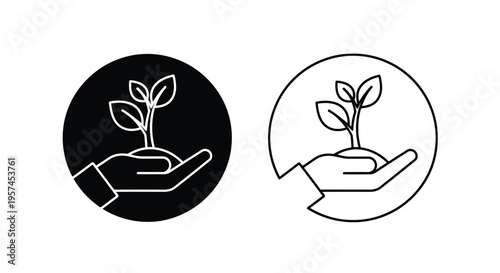 A hand cradling a seedling depicted in filled and outlined styles