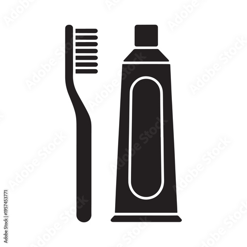 Simple black silhouette icons depicting a toothbrush and tube of toothpaste