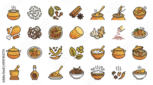 Biryani and Indian Spices Icon Set in Line Style. Collection of Biryani Icons, Including rice, chicken, cardamom, star anise, cinnamon, chili, handi, pot, mortar, and more. Editable stroke.