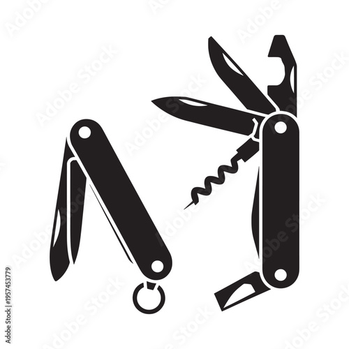 A black and white illustration of an open swiss army knife