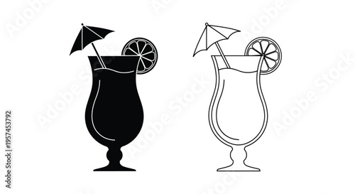 Two cocktail illustrations one filled one outlined with citrus garnish