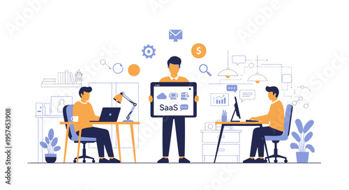 SaaS Business Team Collaboration Illustration: Cloud Software & Modern Office Productivity