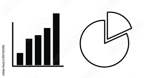 Simple black and white graphic depicting a bar chart and a pie chart