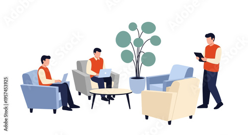 Business People Working in Modern Co-working Lounge. Flat Vector Illustration of Flexible Workspace with Laptops & Tablet.