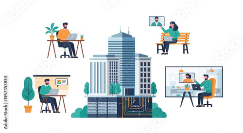 Hybrid Work & Remote Collaboration Supported by Centralized Data Center Infrastructure. Flexible Workforce Connecting Globally to Digital Business Ecosystem.