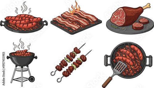 Barbecue Meat Vector Illustration Showing Grill Sausage Bacon Ham and Skewer