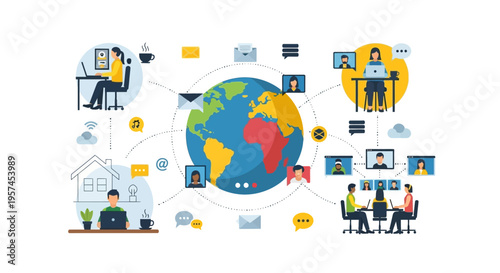 Global Remote Work, Online Collaboration & Communication Network Illustration