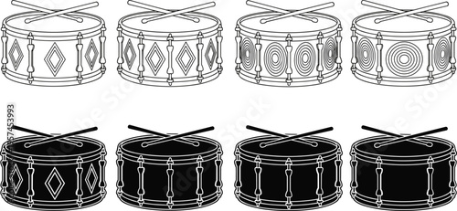 Black and white snare drum vector illustration set featuring crossed drumsticks, decorative shell patterns, and musical artwork for creative projects