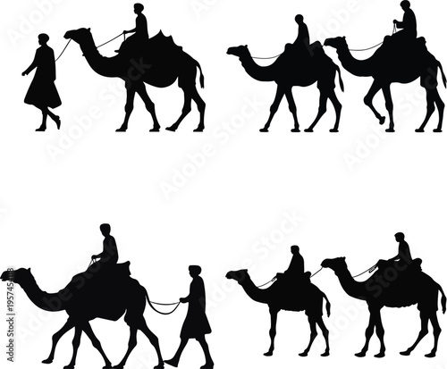 Camel Caravan Silhouettes Vector Set isolated on white background, Vector, illustration