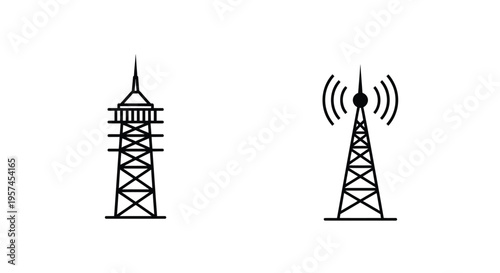 Two black and white line art illustrations of communication towers