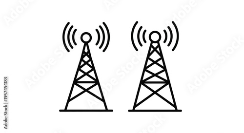 Simple line art illustration depicting two communication towers with signal waves