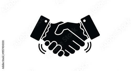 A simple black silhouette depicting two hands in a handshake